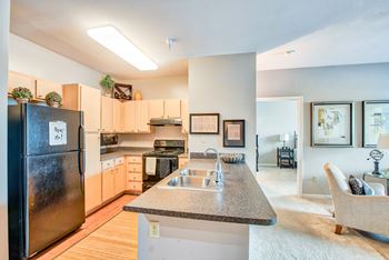 A modern kitchen with a black fridge and a brown countertop.